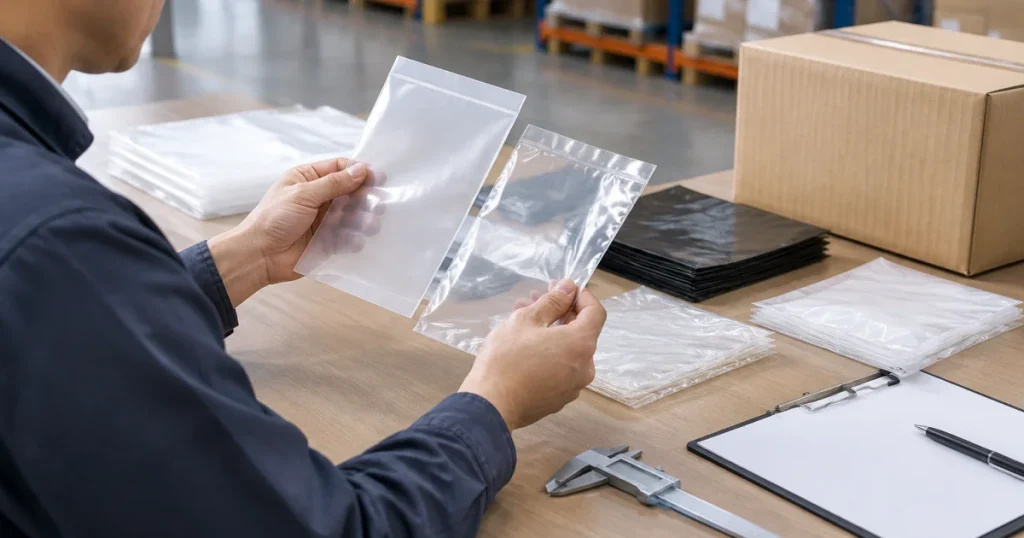 Procurement-style evaluation of unbranded plastic bag samples and thickness measurement on a warehouse table in Penang.