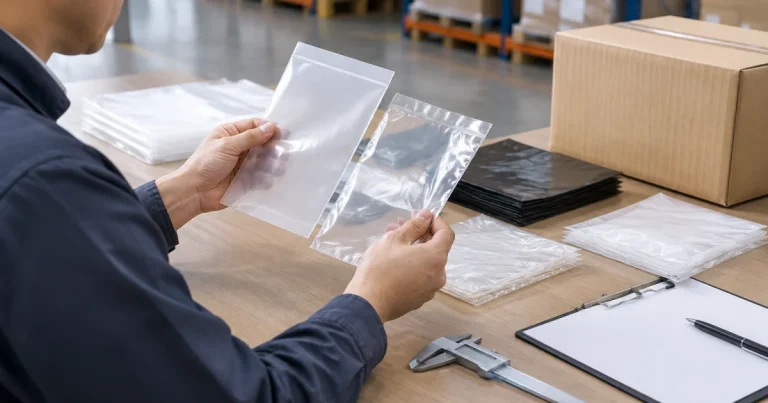Procurement-style evaluation of unbranded plastic bag samples and thickness measurement on a warehouse table in Penang.