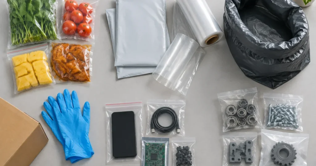 Assorted unbranded plastic packaging types arranged neatly on a tabletop for different industrial uses in Penang.