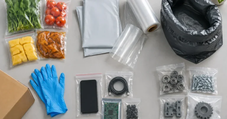Assorted unbranded plastic packaging types arranged neatly on a tabletop for different industrial uses in Penang.